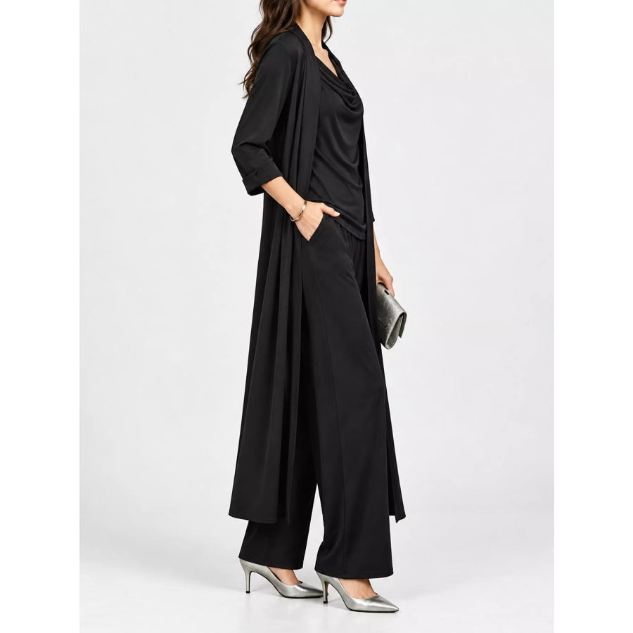 Full Size Cowl Neck Top & Cardigan and Pants Set Plus Apparel Accessories