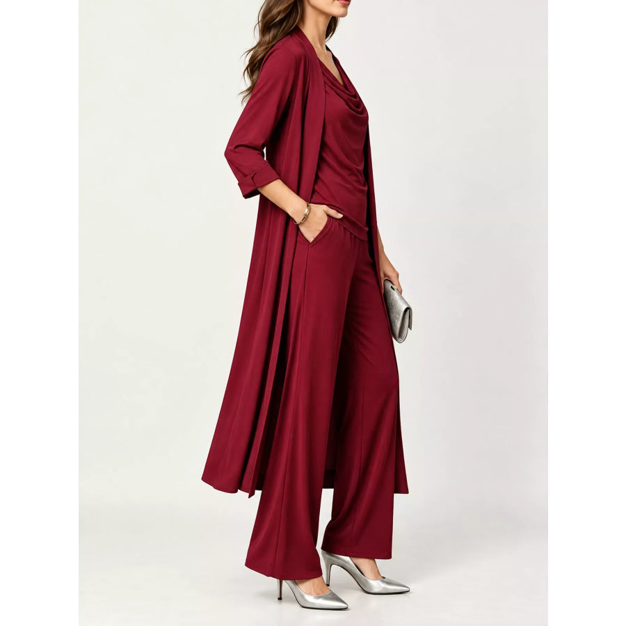 Full Size Cowl Neck Top & Cardigan and Pants Set Plus Apparel Accessories