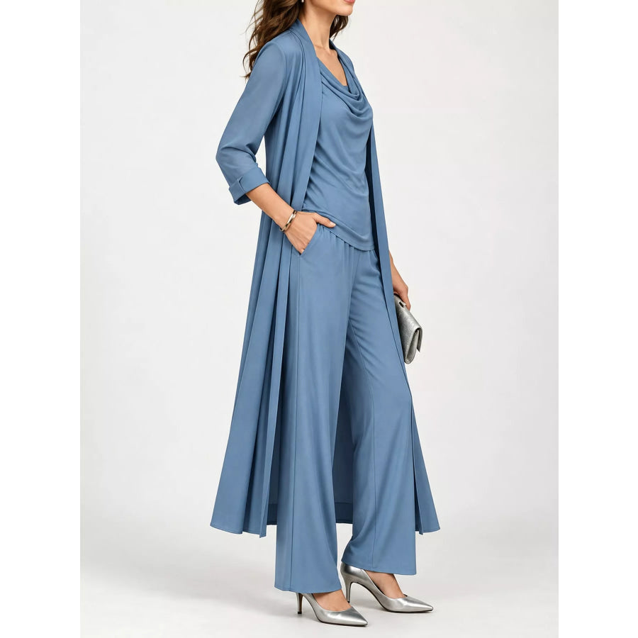 Full Size Cowl Neck Top & Cardigan and Pants Set Plus Apparel Accessories