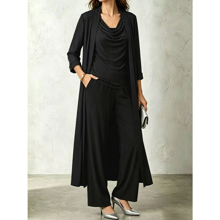 Full Size Cowl Neck Top & Cardigan and Pants Set Plus Black / S Apparel Accessories