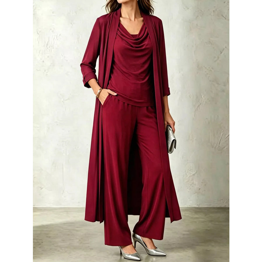 Full Size Cowl Neck Top & Cardigan and Pants Set Plus Burgundy / S Apparel Accessories