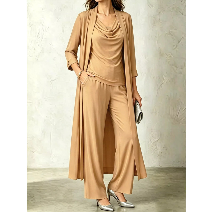 Full Size Cowl Neck Top & Cardigan and Pants Set Plus Camel / S Apparel Accessories