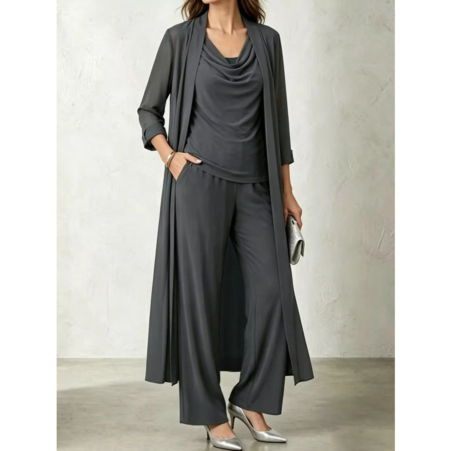 Full Size Cowl Neck Top & Cardigan and Pants Set Plus Charcoal Gray / S Apparel Accessories