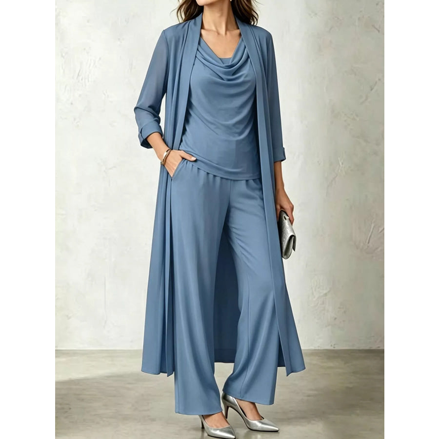 Full Size Cowl Neck Top & Cardigan and Pants Set Plus Denim Blue / S Apparel Accessories