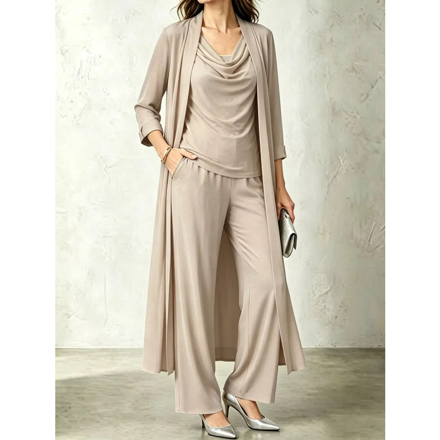 Full Size Cowl Neck Top & Cardigan and Pants Set Plus Light Brown / S Apparel Accessories