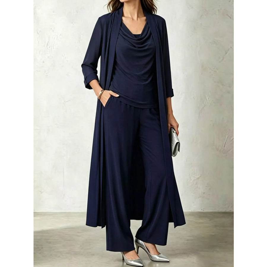 Full Size Cowl Neck Top & Cardigan and Pants Set Plus Navy / S Apparel Accessories