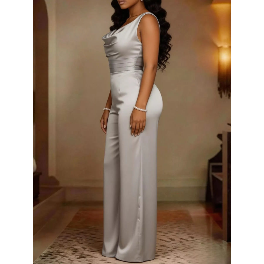 Full Size Cowl Neck Wide Leg Jumpsuit Plus Gray / S Apparel and Accessories