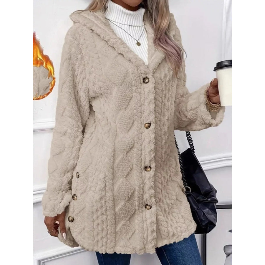 Full Size Cozy Cable-Knit Faux Fur Hooded Outerwear Plus Apricot / S Apparel and Accessories
