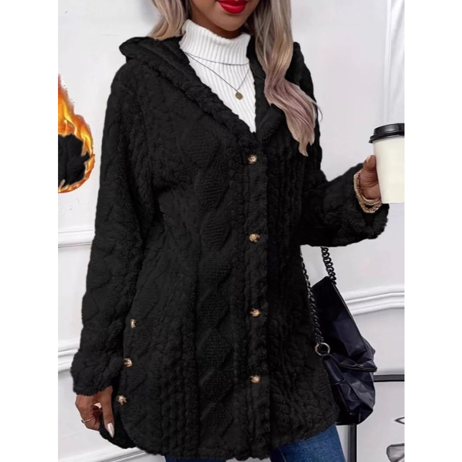 Full Size Cozy Cable-Knit Faux Fur Hooded Outerwear Plus Black / S Apparel and Accessories