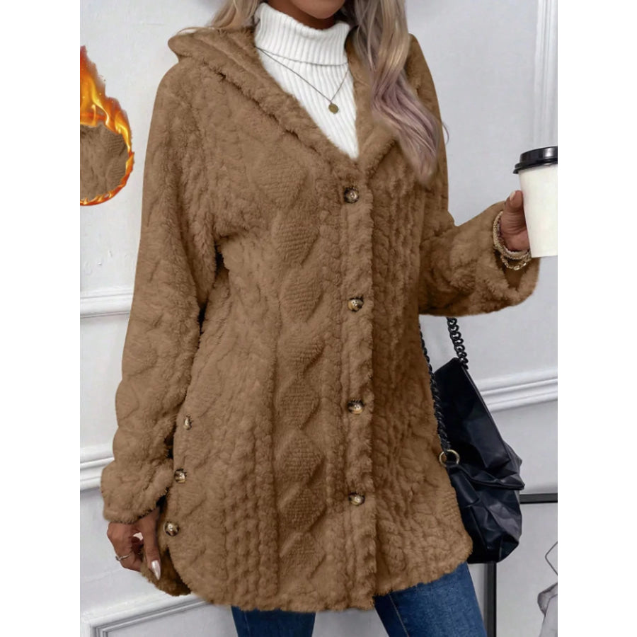 Full Size Cozy Cable-Knit Faux Fur Hooded Outerwear Plus Camel / 2XL Apparel and Accessories