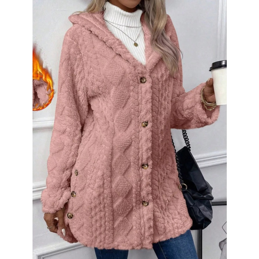 Full Size Cozy Cable-Knit Faux Fur Hooded Outerwear Plus Dusty Pink / S Apparel and Accessories