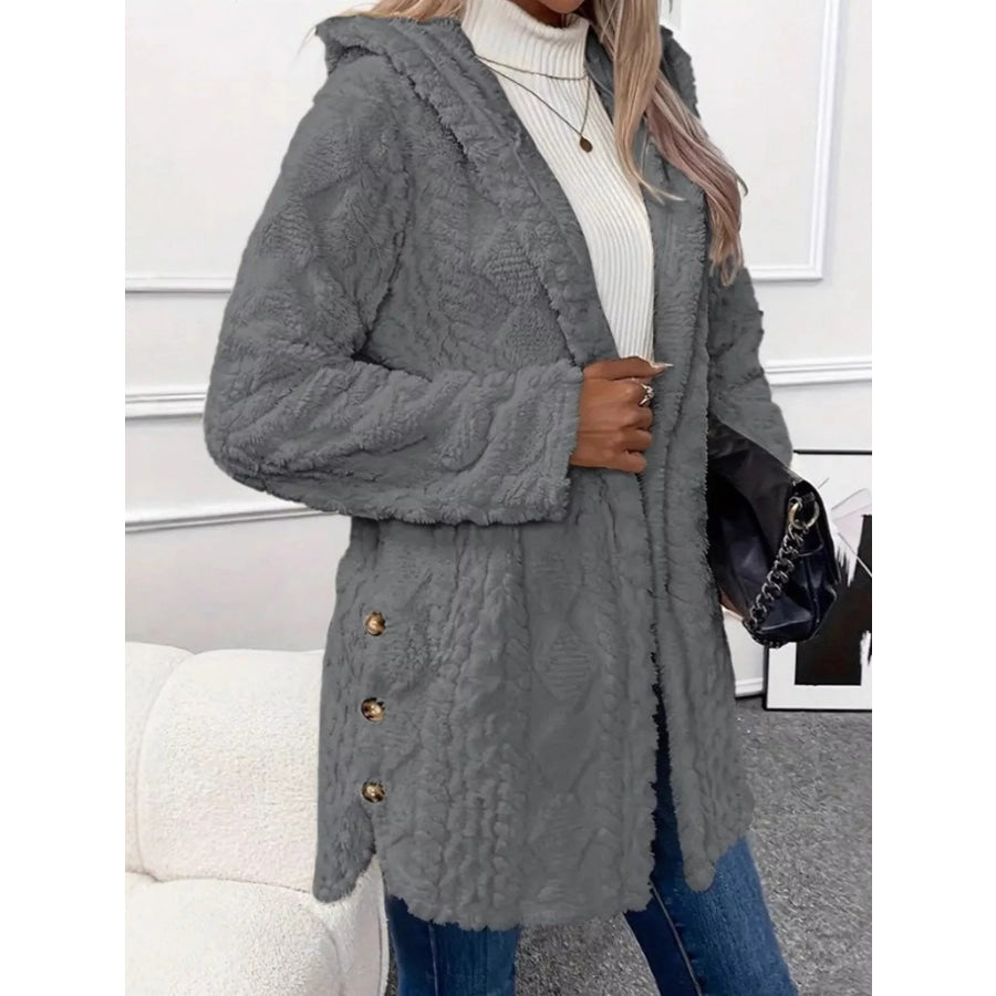 Full Size Cozy Cable-Knit Faux Fur Hooded Outerwear Plus Gray / S Apparel and Accessories