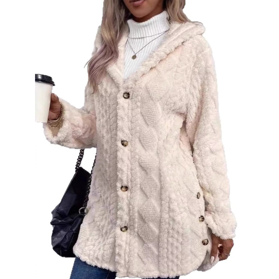 Full Size Cozy Cable-Knit Faux Fur Hooded Outerwear Plus Heather Beige / S Apparel and Accessories