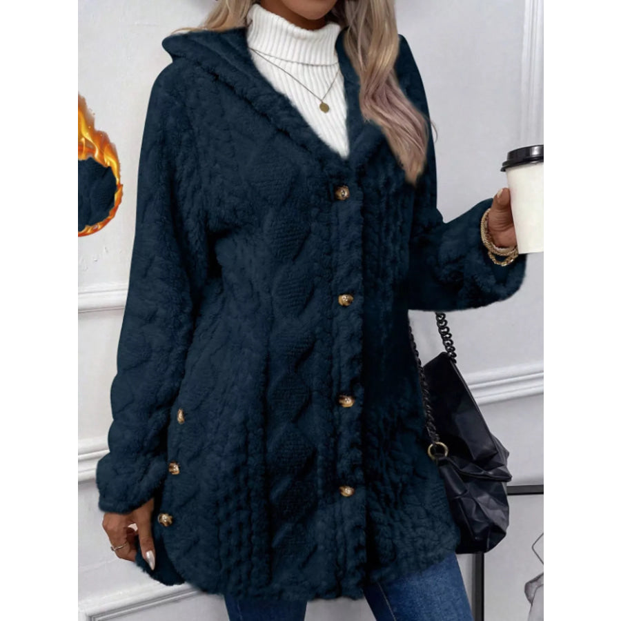 Full Size Cozy Cable-Knit Faux Fur Hooded Outerwear Plus Navy / S Apparel and Accessories