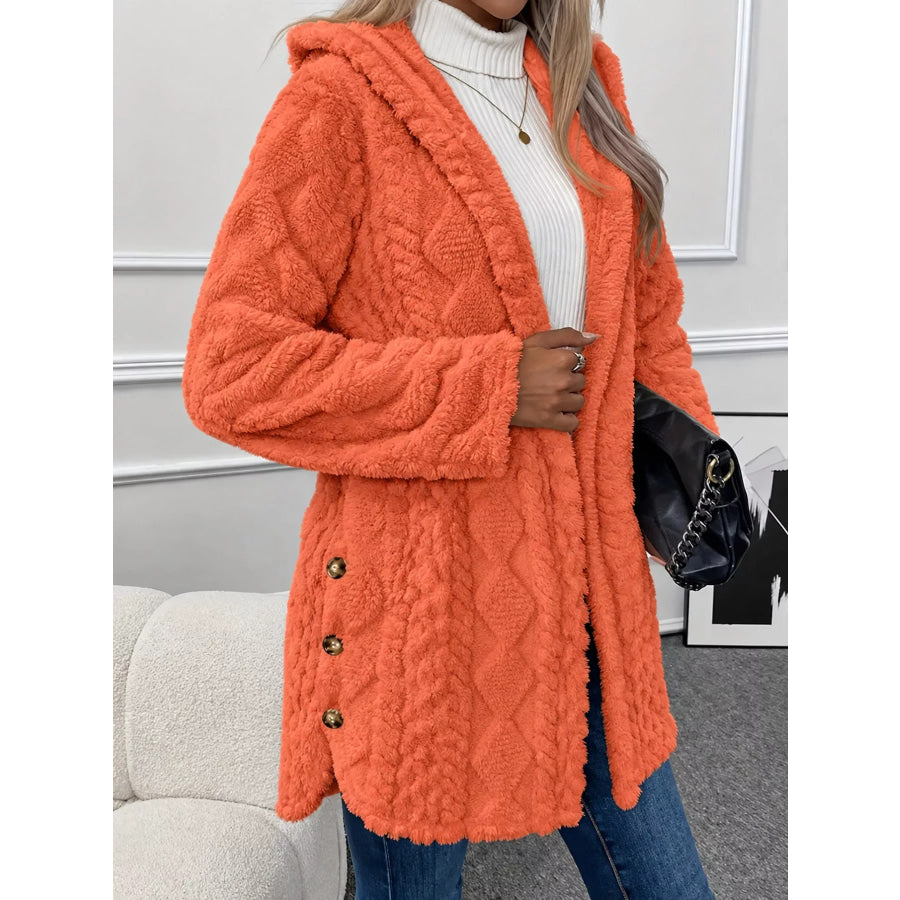 Full Size Cozy Cable-Knit Faux Fur Hooded Outerwear Plus Orange Red / S Apparel and Accessories