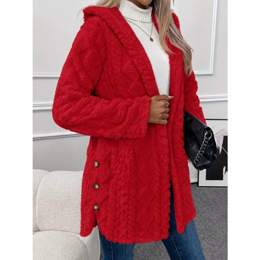 Full Size Cozy Cable-Knit Faux Fur Hooded Outerwear Plus Red / S Apparel and Accessories