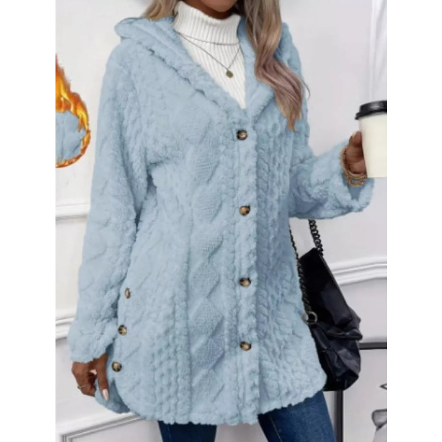 Full Size Cozy Cable-Knit Faux Fur Hooded Outerwear Plus Sky Blue / S Apparel and Accessories