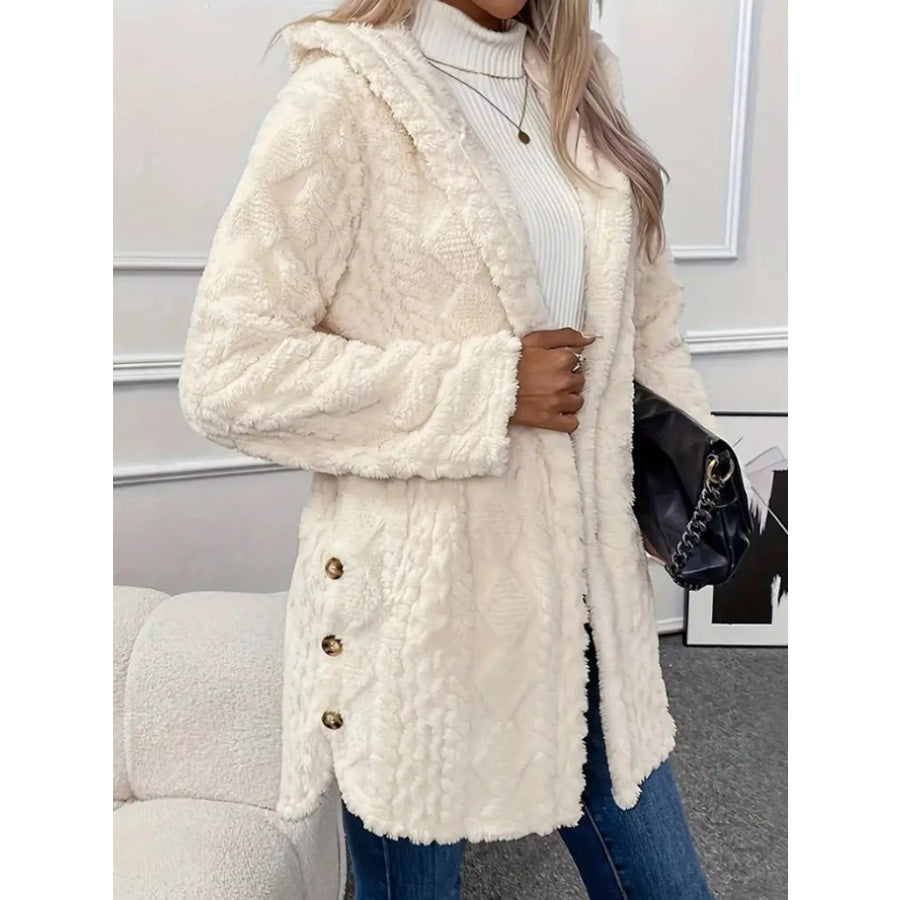 Full Size Cozy Cable-Knit Faux Fur Hooded Outerwear Plus White / S Apparel and Accessories