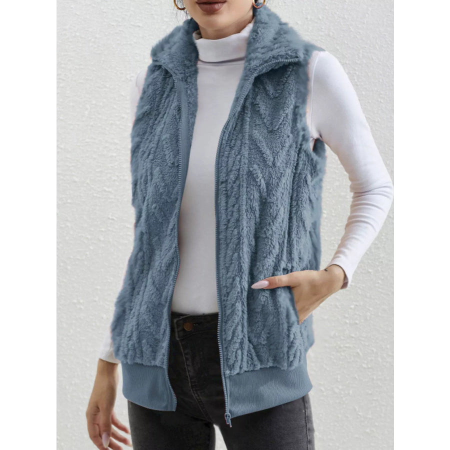 Full Size Cozy Faux Fur Zip-Up Vest Coat Plus Size Blue / S Apparel and Accessories