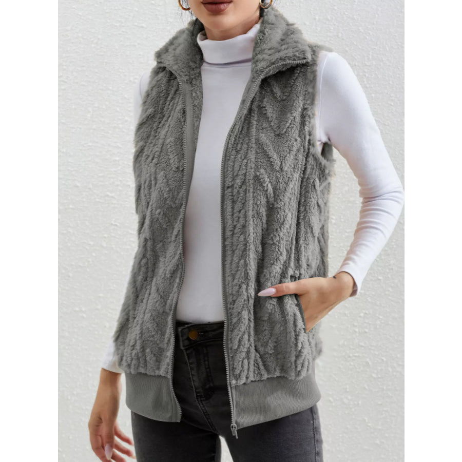 Full Size Cozy Faux Fur Zip-Up Vest Coat Plus Size Dark Gray / S Apparel and Accessories