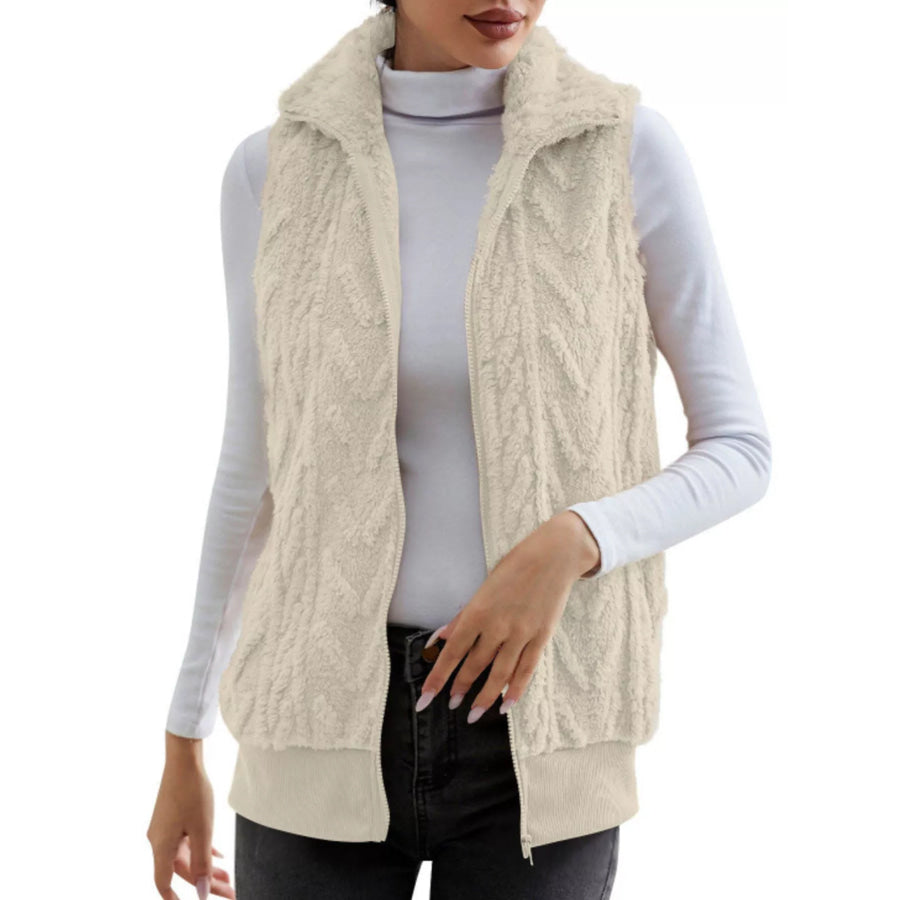 Full Size Cozy Faux Fur Zip-Up Vest Coat Plus Size Off-white / S Apparel and Accessories