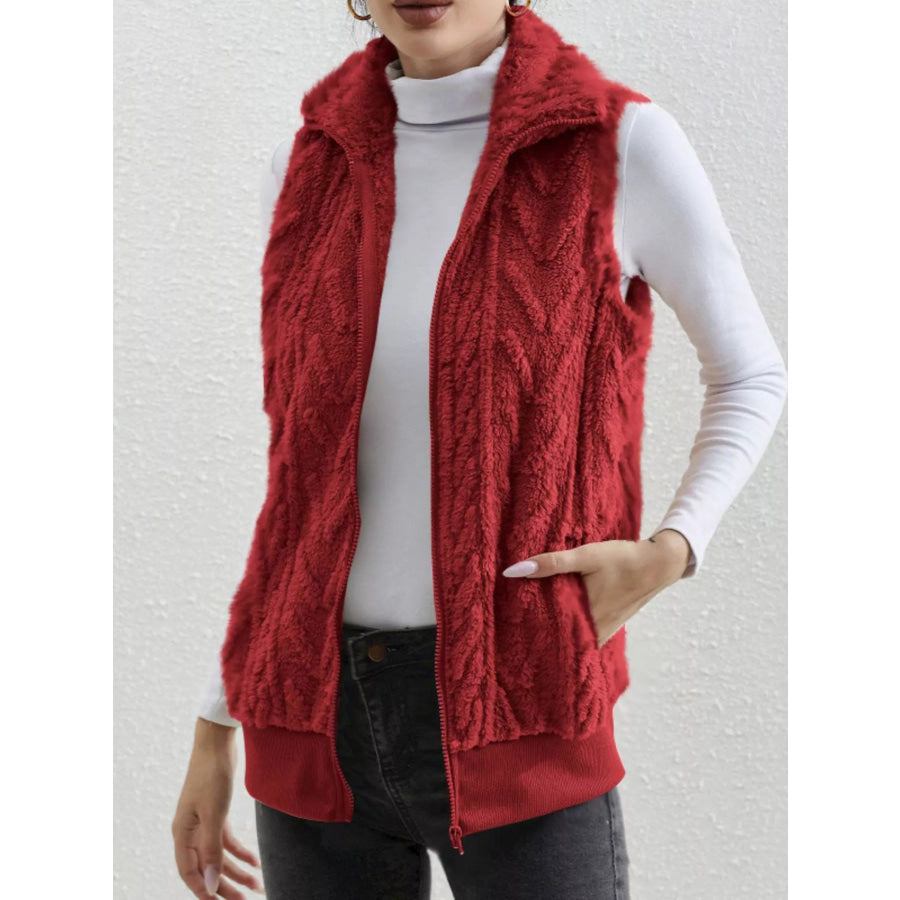 Full Size Cozy Faux Fur Zip-Up Vest Coat Plus Size Red / S Apparel and Accessories