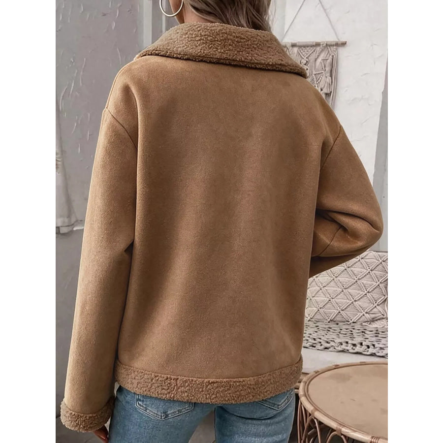 Full Size Cozy Faux Suede Sherpa-Lined Button-Down Jacket Plus Apparel and Accessories