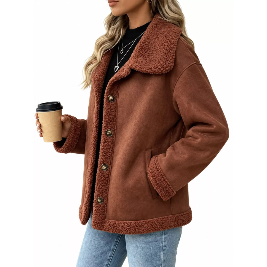 Full Size Cozy Faux Suede Sherpa-Lined Button-Down Jacket Plus Apparel and Accessories