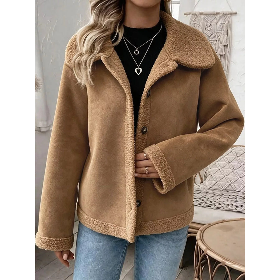Full Size Cozy Faux Suede Sherpa-Lined Button-Down Jacket Plus Apparel and Accessories