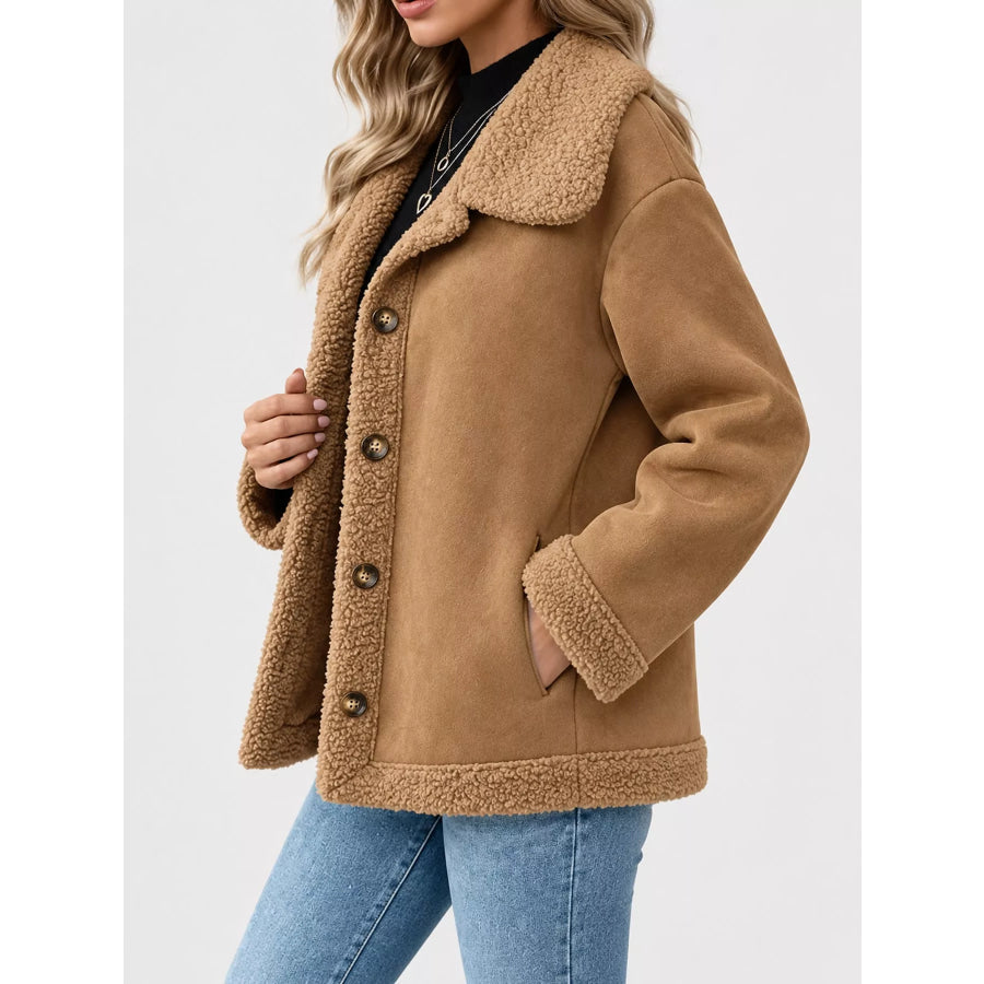 Full Size Cozy Faux Suede Sherpa-Lined Button-Down Jacket Plus Apparel and Accessories