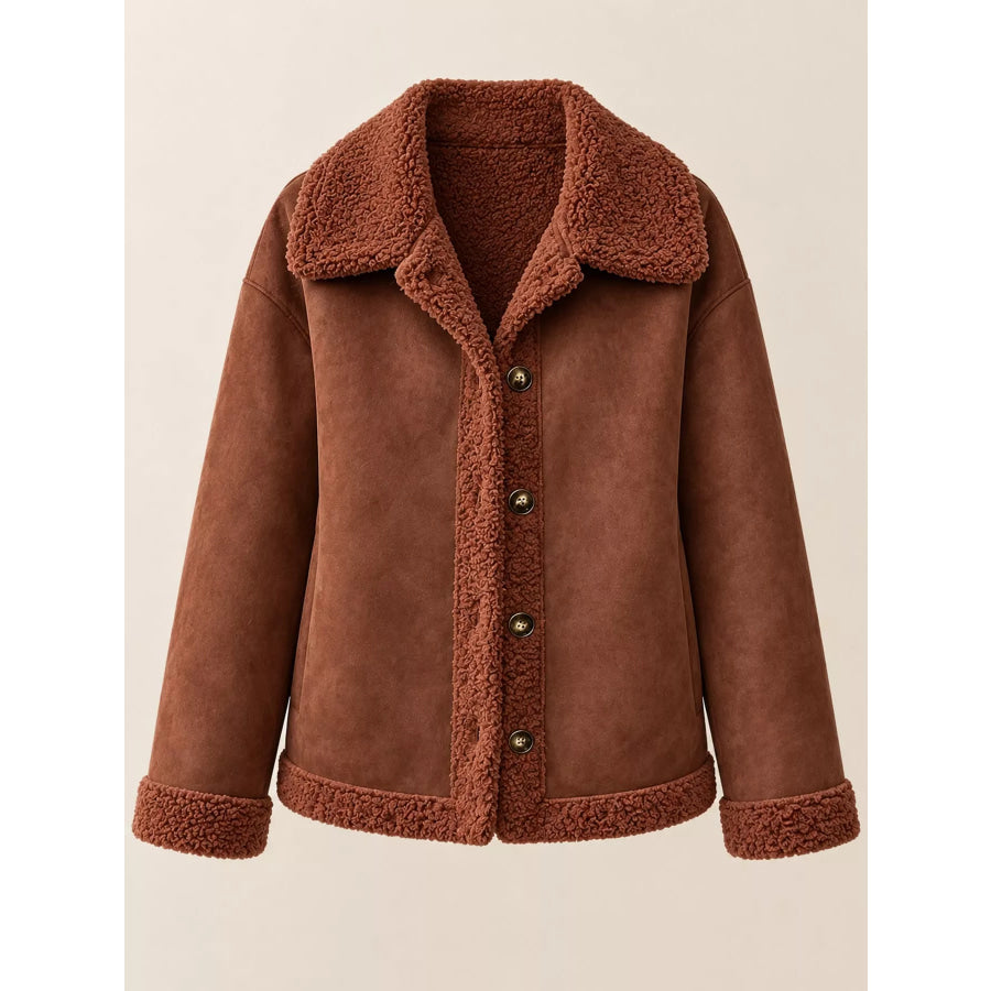 Full Size Cozy Faux Suede Sherpa-Lined Button-Down Jacket Plus Apparel and Accessories