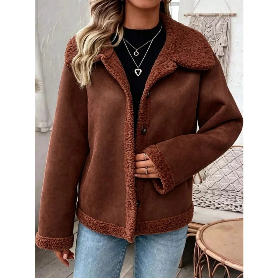 Full Size Cozy Faux Suede Sherpa-Lined Button-Down Jacket Plus Apparel and Accessories