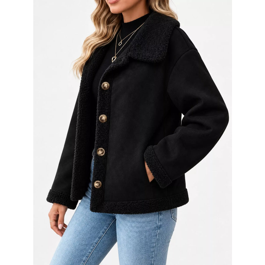 Full Size Cozy Faux Suede Sherpa-Lined Button-Down Jacket Plus Apparel and Accessories