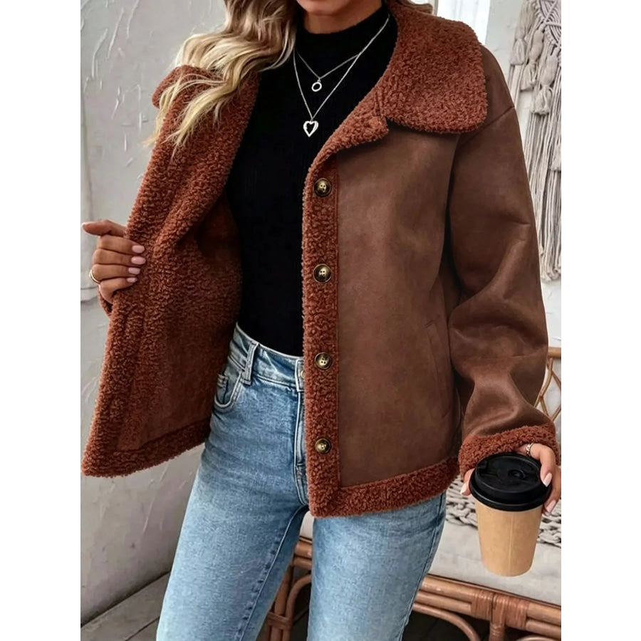 Full Size Cozy Faux Suede Sherpa-Lined Button-Down Jacket Plus Apparel and Accessories