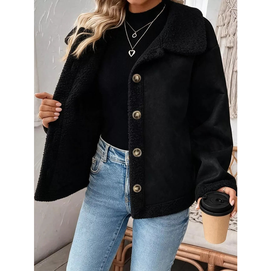 Full Size Cozy Faux Suede Sherpa-Lined Button-Down Jacket Plus Black / S Apparel and Accessories