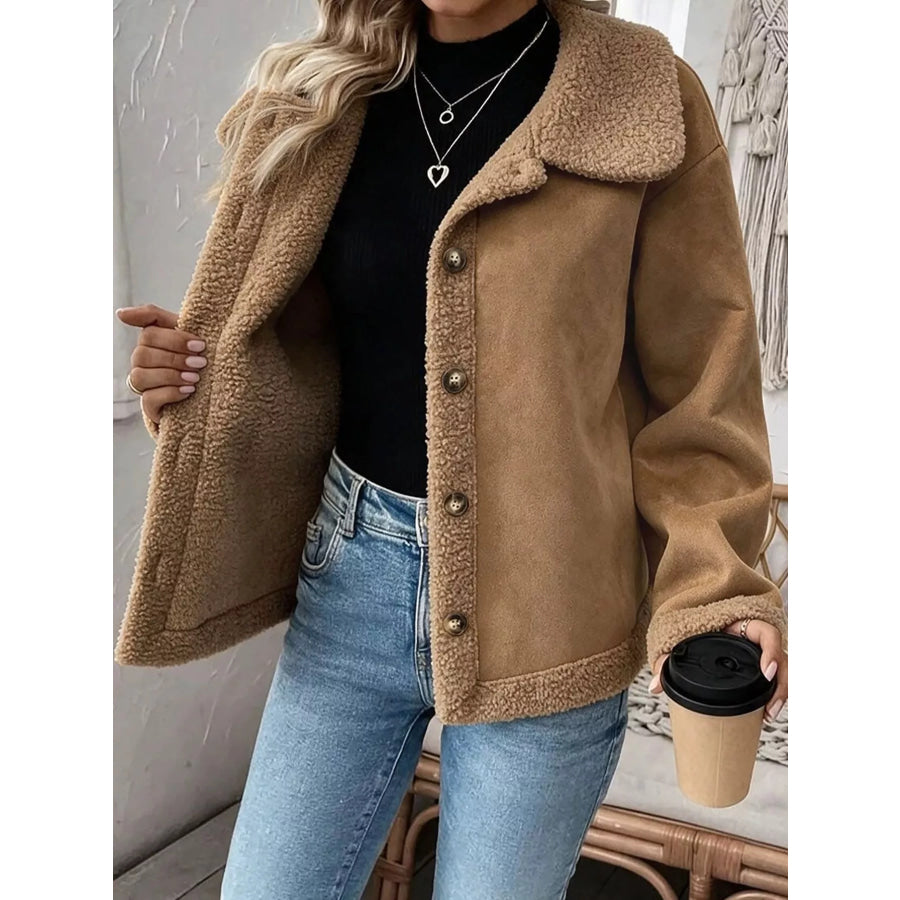 Full Size Cozy Faux Suede Sherpa-Lined Button-Down Jacket Plus Camel / S Apparel and Accessories