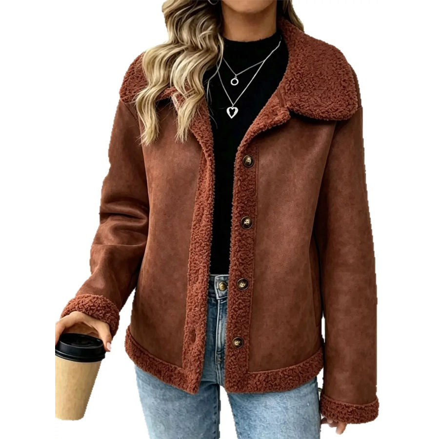 Full Size Cozy Faux Suede Sherpa-Lined Button-Down Jacket Plus Coffee / S Apparel and Accessories