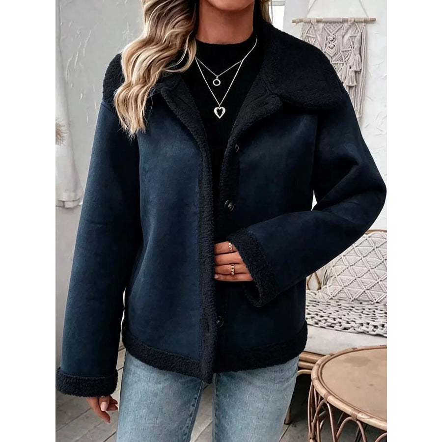 Full Size Cozy Faux Suede Sherpa-Lined Button-Down Jacket Plus Navy / S Apparel and Accessories