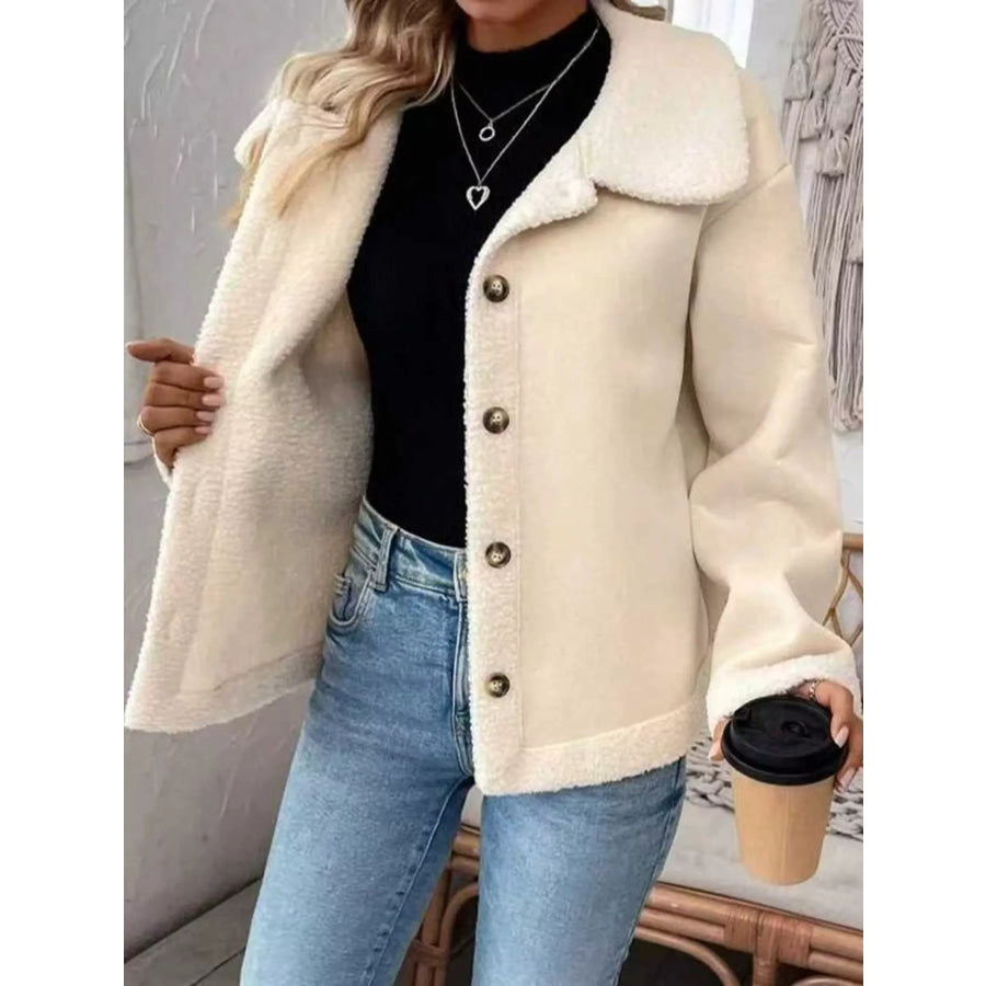 Full Size Cozy Faux Suede Sherpa-Lined Button-Down Jacket Plus White / S Apparel and Accessories