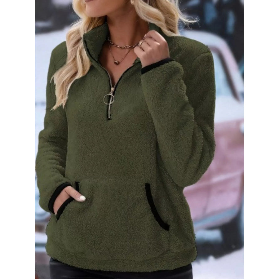 Full Size Cozy Fleece Quarter Zip Long Sleeve Sweatshirt Plus Army Green / S Apparel and Accessories