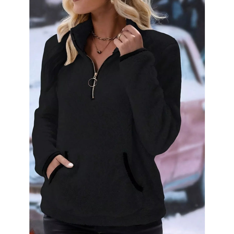 Full Size Cozy Fleece Quarter Zip Long Sleeve Sweatshirt Plus Black / S Apparel and Accessories