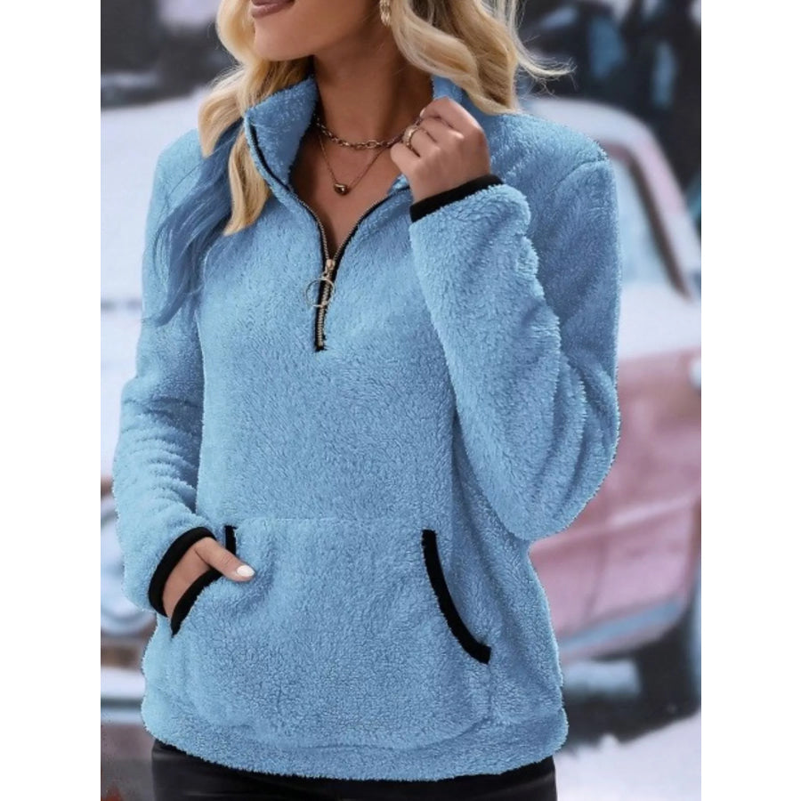 Full Size Cozy Fleece Quarter Zip Long Sleeve Sweatshirt Plus Blue / S Apparel and Accessories