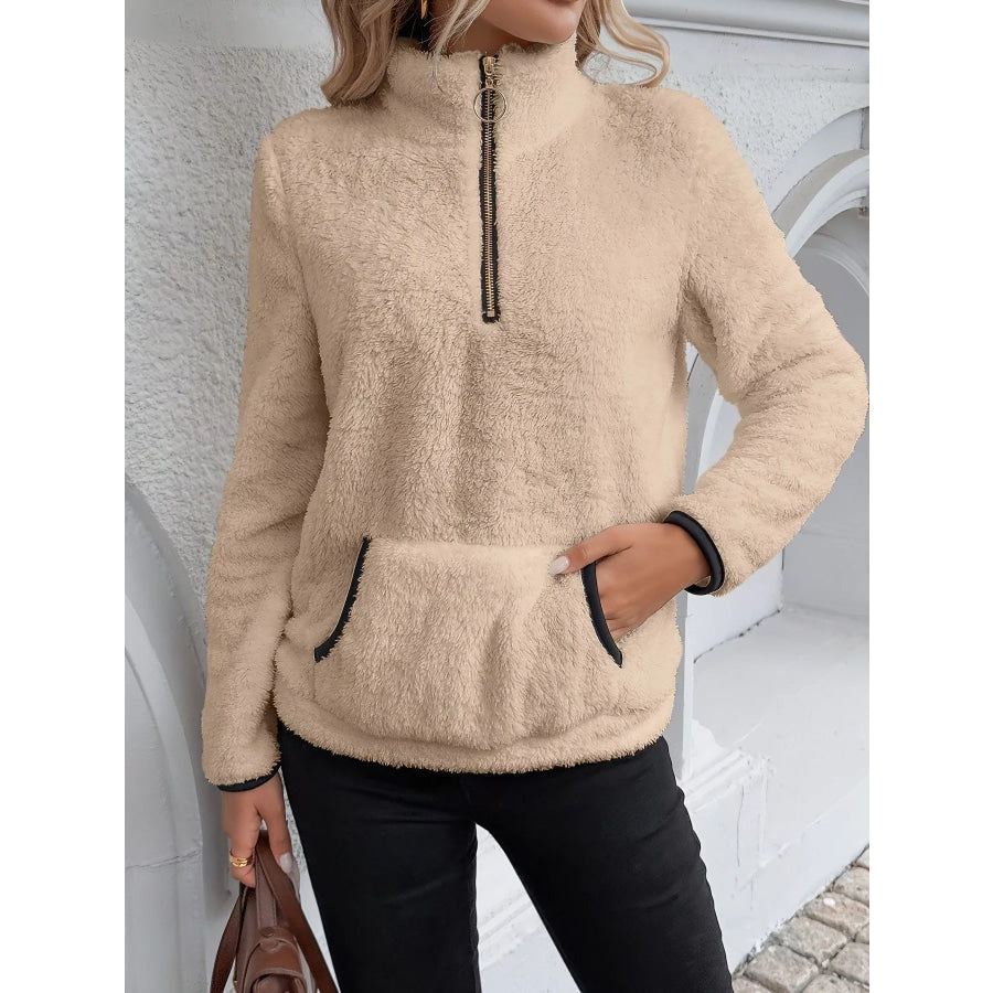Full Size Cozy Fleece Quarter Zip Long Sleeve Sweatshirt Plus Khaki / S Apparel and Accessories