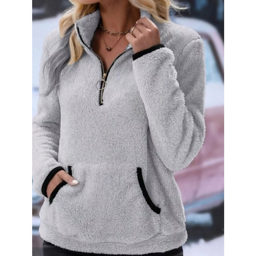 Full Size Cozy Fleece Quarter Zip Long Sleeve Sweatshirt Plus Light Gray / S Apparel and Accessories