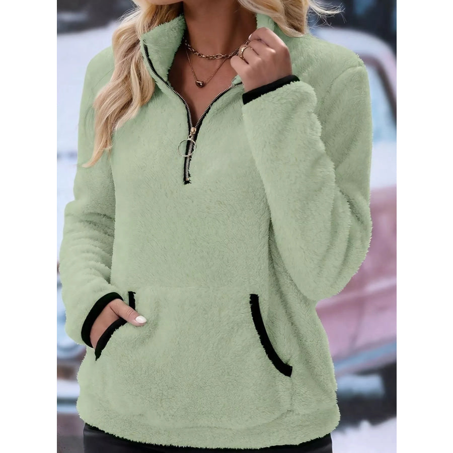 Full Size Cozy Fleece Quarter Zip Long Sleeve Sweatshirt Plus Light Green / S Apparel and Accessories