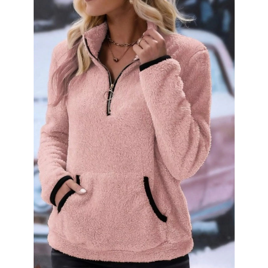 Full Size Cozy Fleece Quarter Zip Long Sleeve Sweatshirt Plus Pink / S Apparel and Accessories