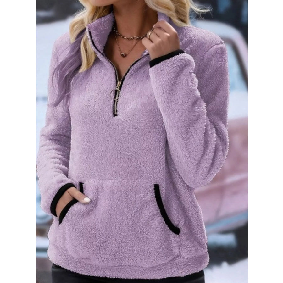 Full Size Cozy Fleece Quarter Zip Long Sleeve Sweatshirt Plus Purple / S Apparel and Accessories