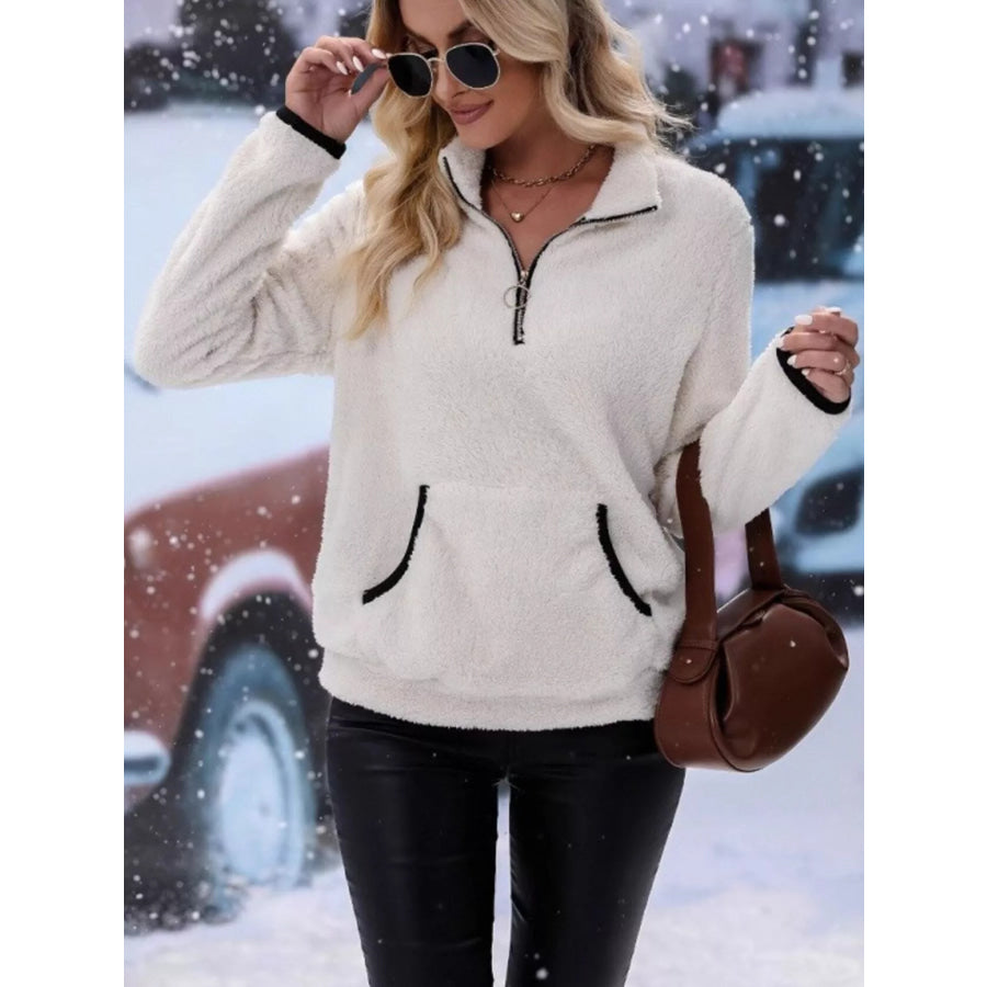 Full Size Cozy Fleece Quarter Zip Long Sleeve Sweatshirt Plus White / S Apparel and Accessories