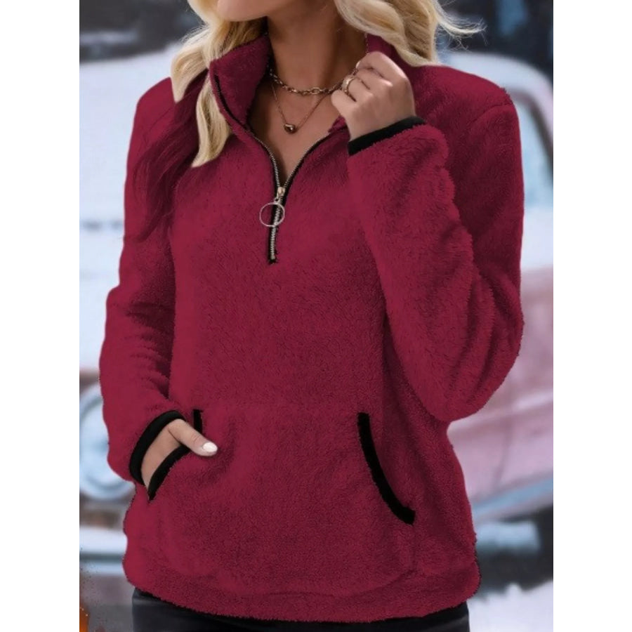 Full Size Cozy Fleece Quarter Zip Long Sleeve Sweatshirt Plus Wine Red / S Apparel and Accessories