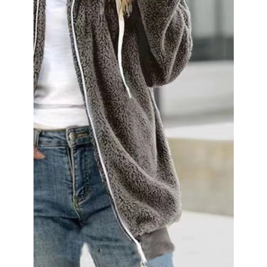 Full Size Cozy Fleece Zip-Up Hooded Jacket Plus Size Apparel and Accessories